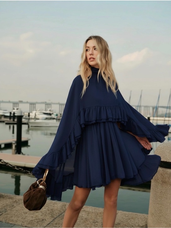 Commense Dresses & Skirts - Commense Semi-Sheer Chiffon Ruffle Dress With Outer Cape